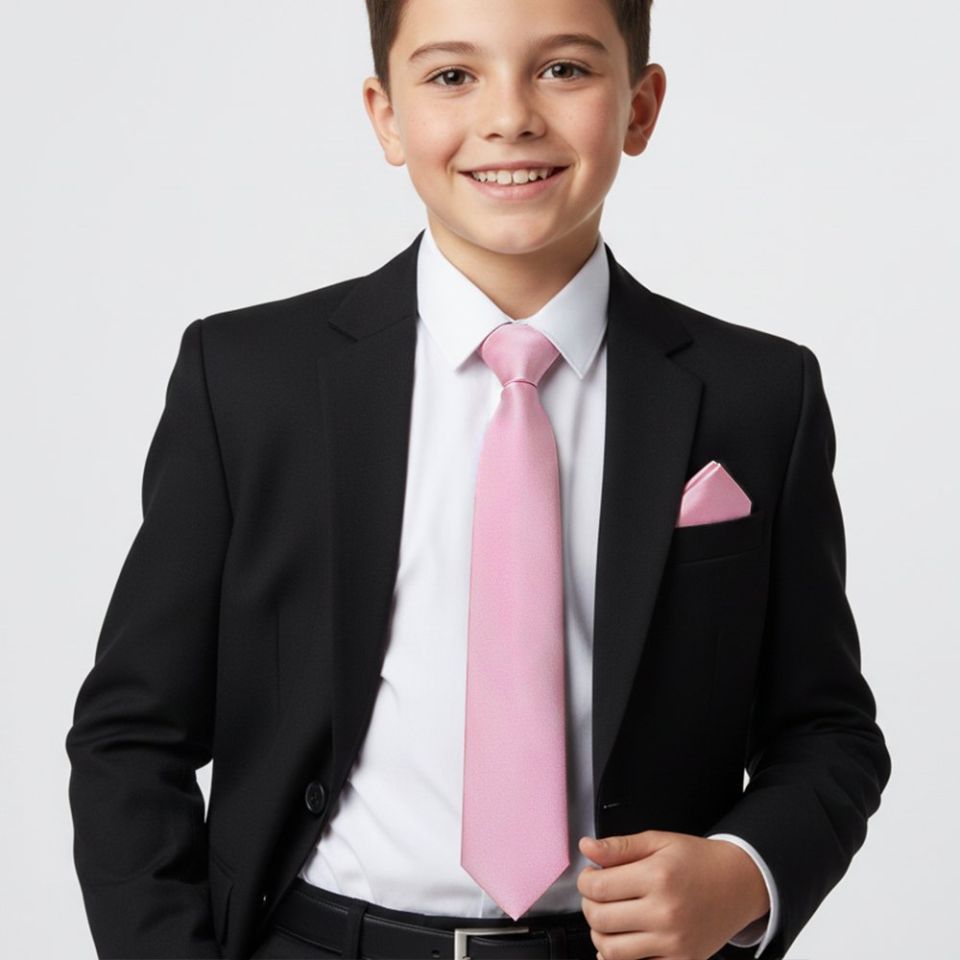 Plain Light Dusty Pink Satin Skinny Boys Tie and Pocket Square Set