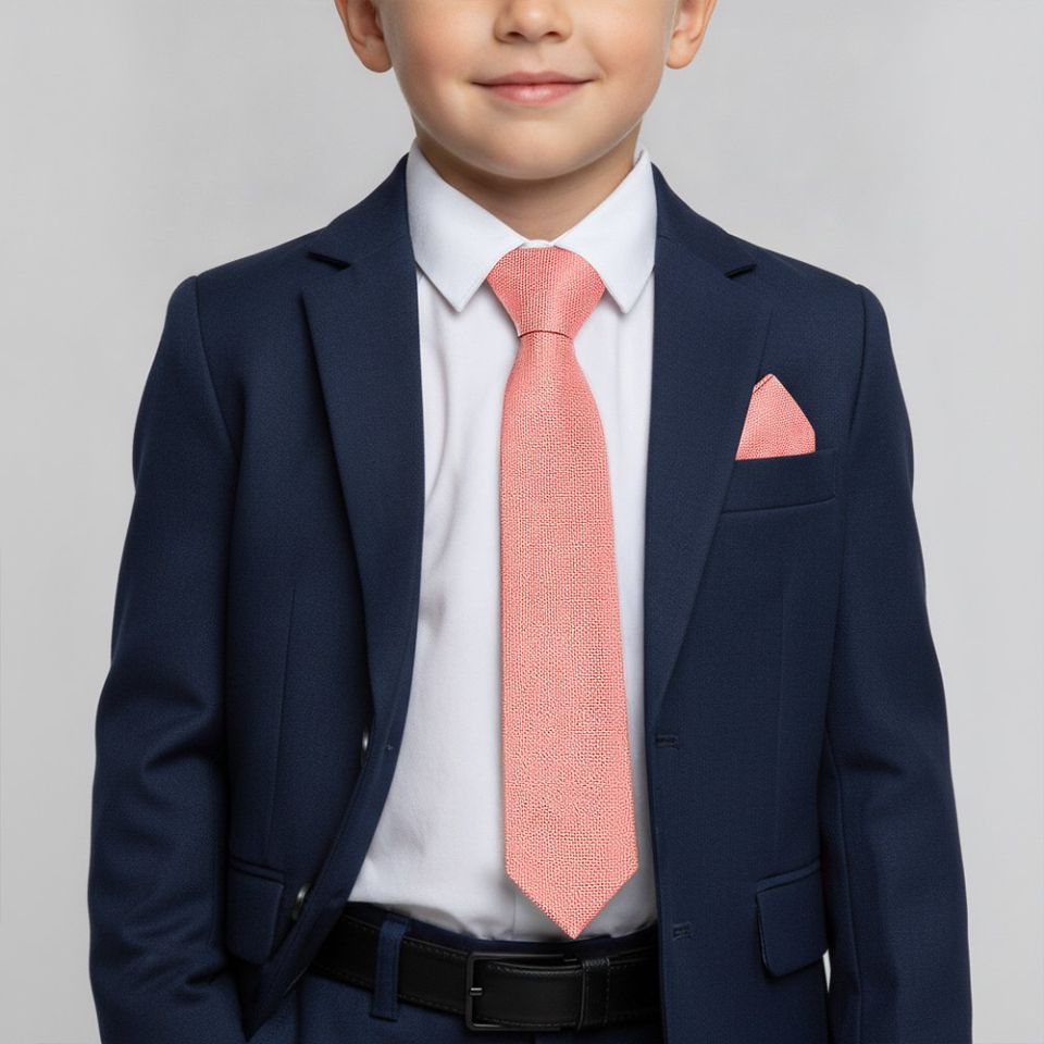 Plain Pink Textured Silk Skinny Boys Tie and Pocket Square Set