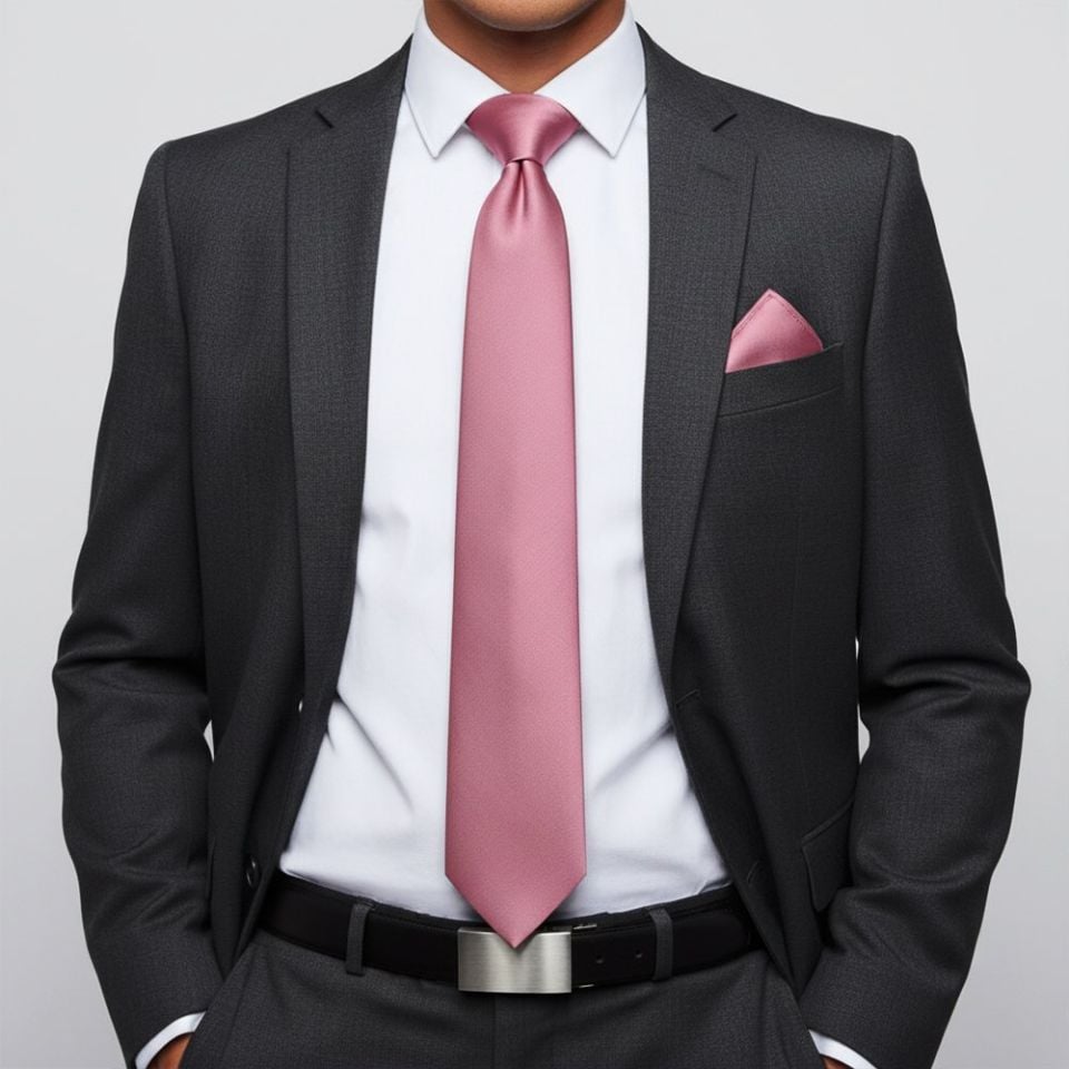 Plain Dusty Pink Satin Classic Men's Tie and Pocket Square Set