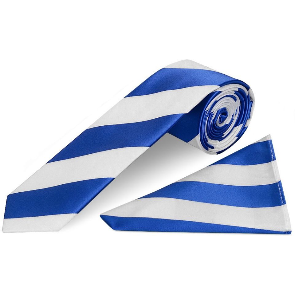 Blue and White Striped Skinny Boys Football Tie and Pocket Square Set