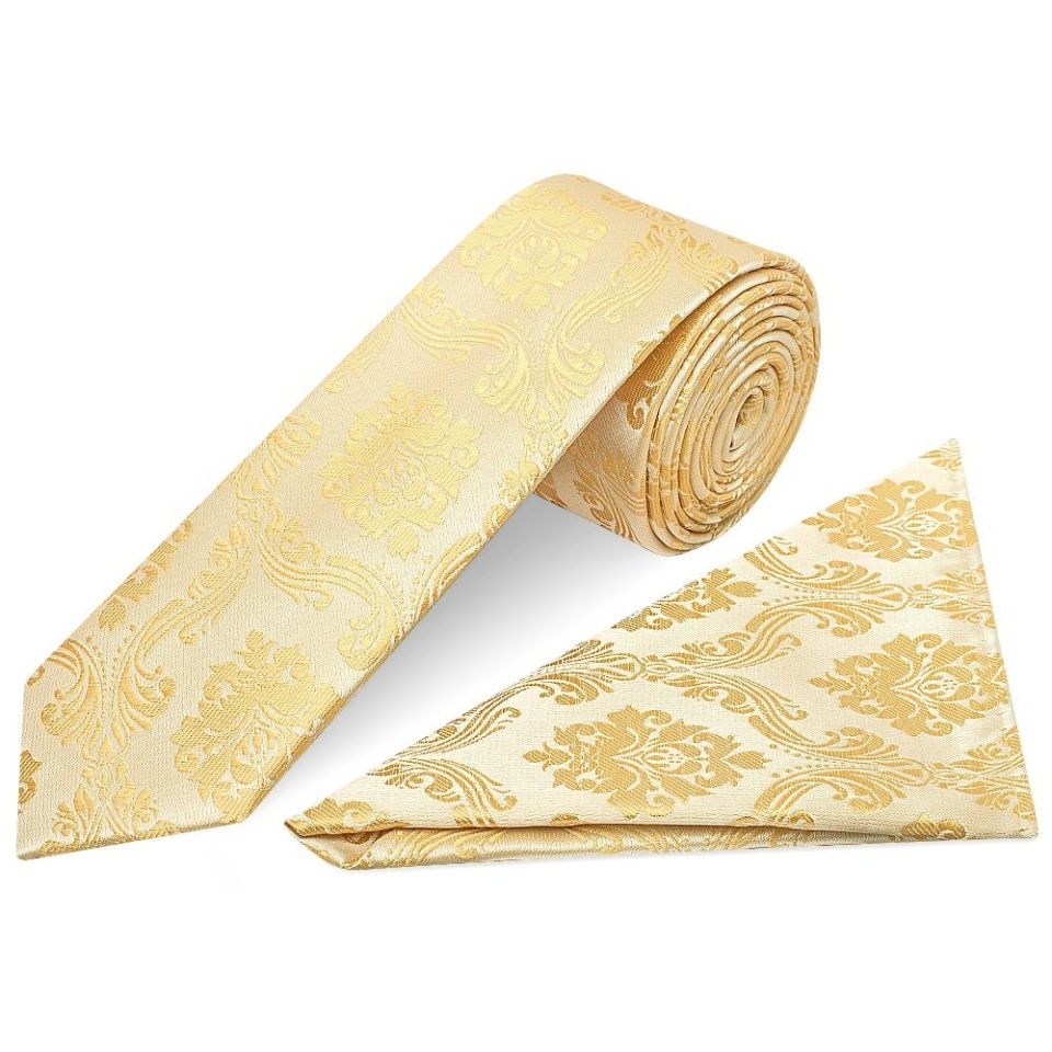 Caramel Paisley Skinny Men's Tie and Pocket Square Set