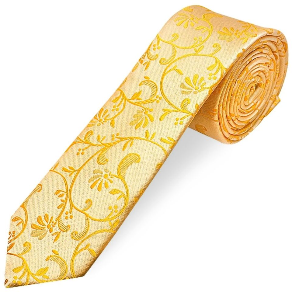 Bright Yellow Floral Skinny Boys Tie and Pocket Square Set