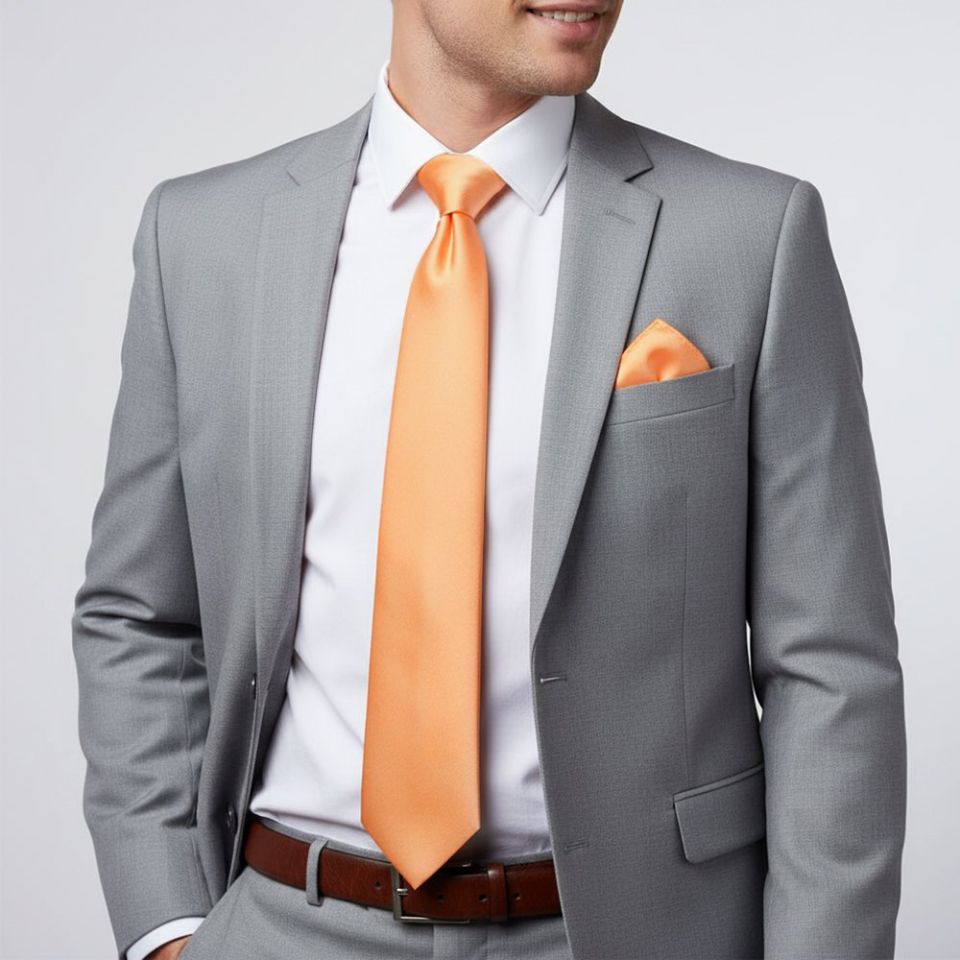 Plain Peach Satin Classic Men's Tie and Pocket Square Set
