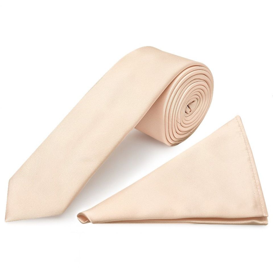 Plain Blush Satin Skinny Men's Tie and Pocket Square Set