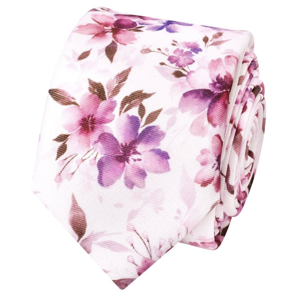 Pink Large Floral Mens Skinny Tie and Pocket Square Set
