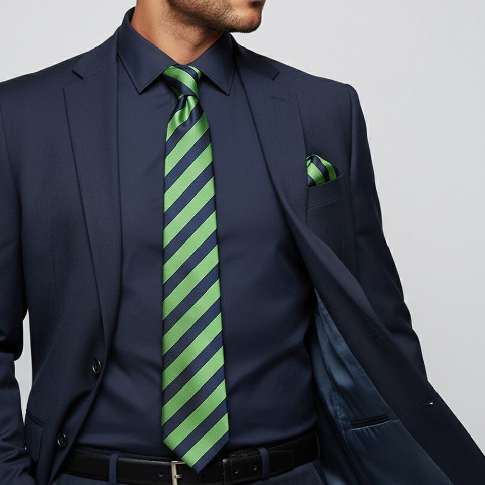 Navy and Lime Striped Classic Men's Tie and Pocket Square Set