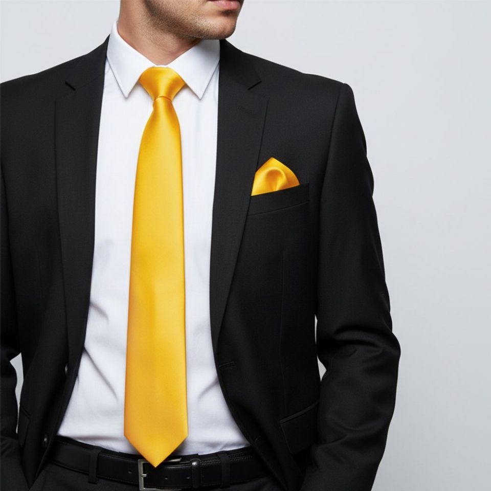 Plain Bright Yellow Satin Classic Men's Tie and Pocket Square Set