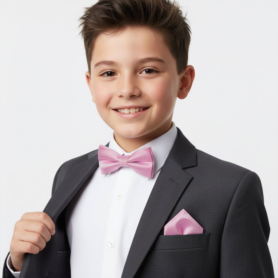 Pre Tied Light Dusty Pink Satin Boys Bow Tie and Pocket Square Set