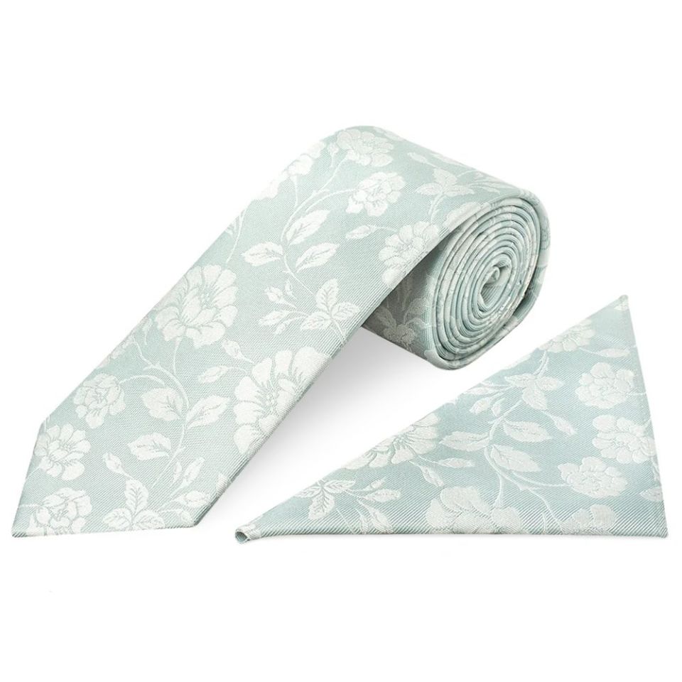 Duck Egg with White Floral Silk Classic Tie and Pocket Square Set