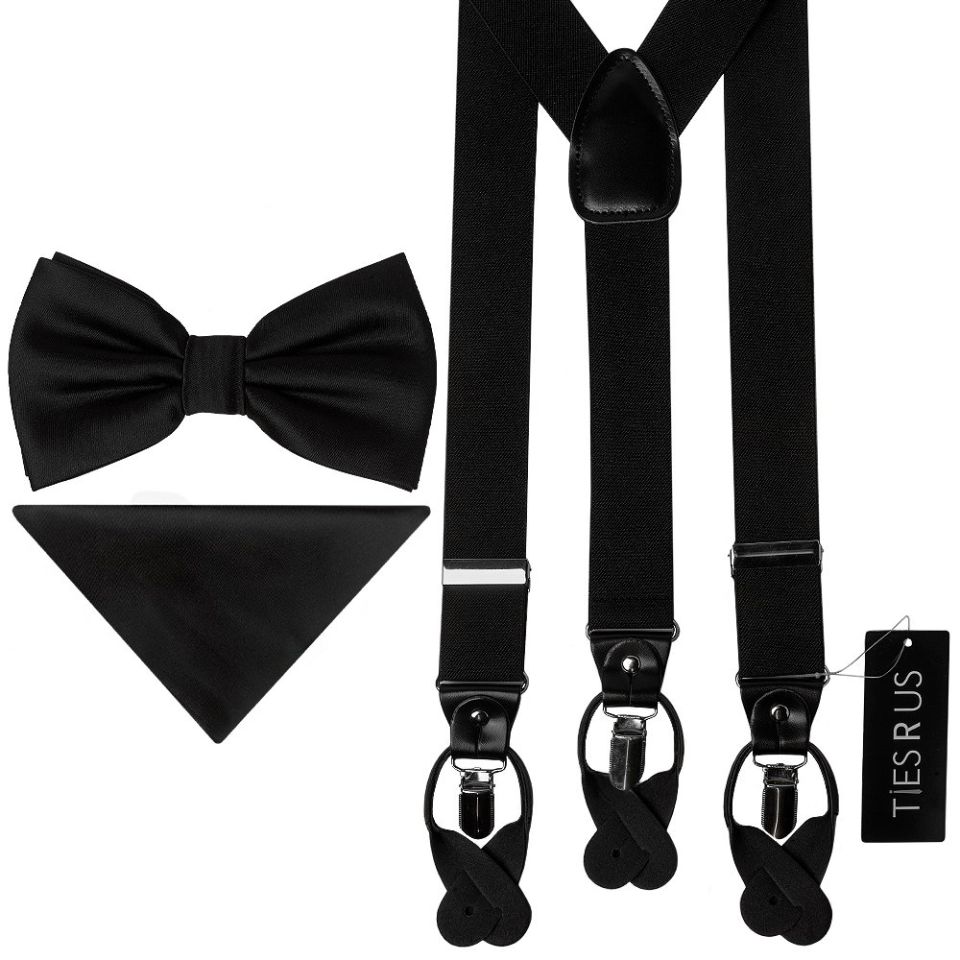 Men’s Plain Black Satin Bow Tie with Pocket Square & Braces Set