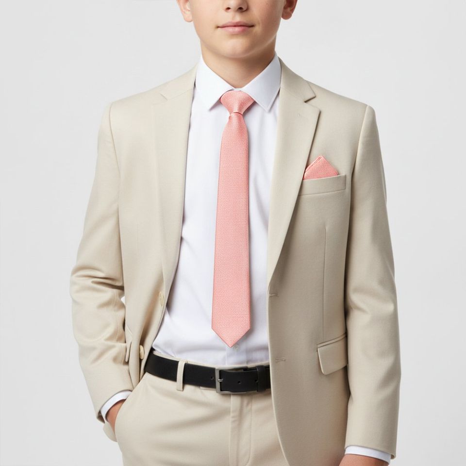 Plain Salmon Peach Silk Skinny Boys Tie and Pocket Square Set