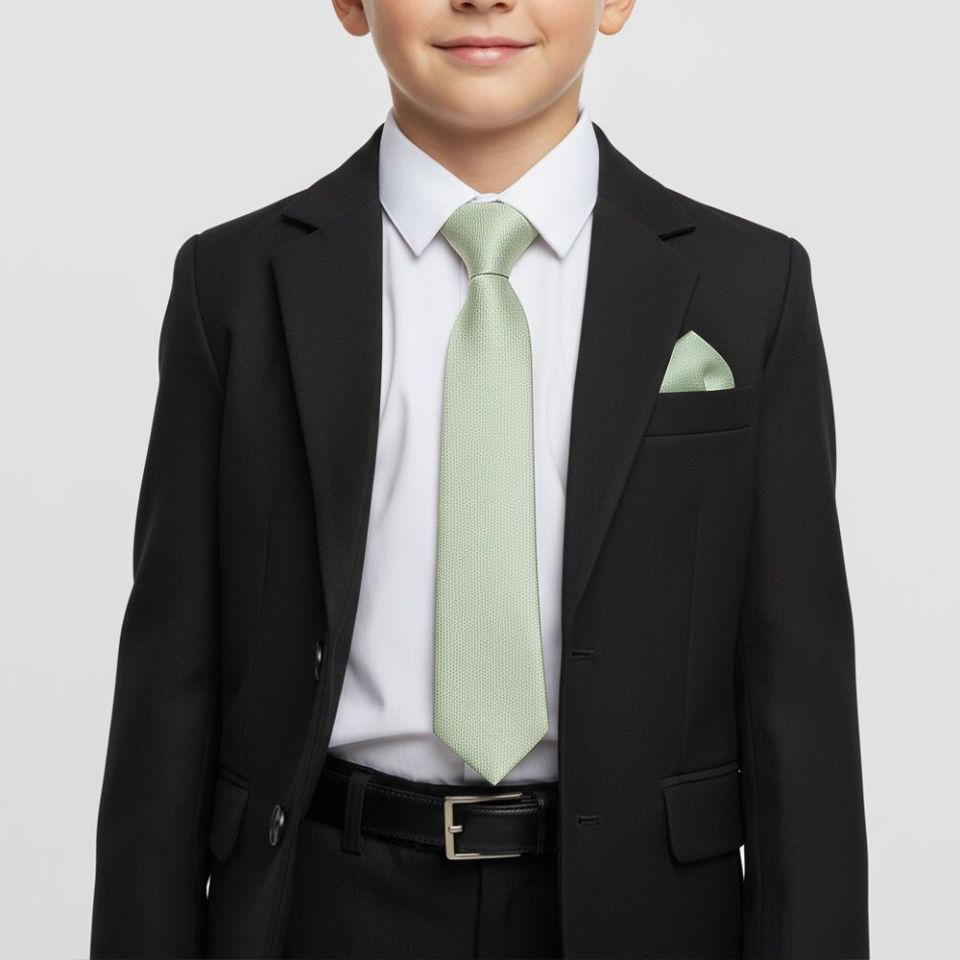 Pre Tied Light Sage Green Silk Boys Tie and Pocket Square Set Age 4-7