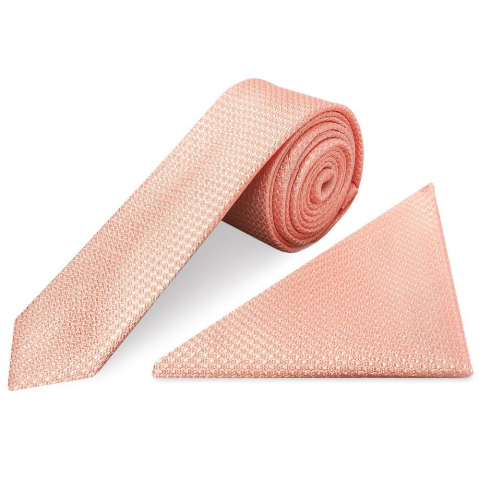 Peach Textured Skinny Tie and Pocket Square Set