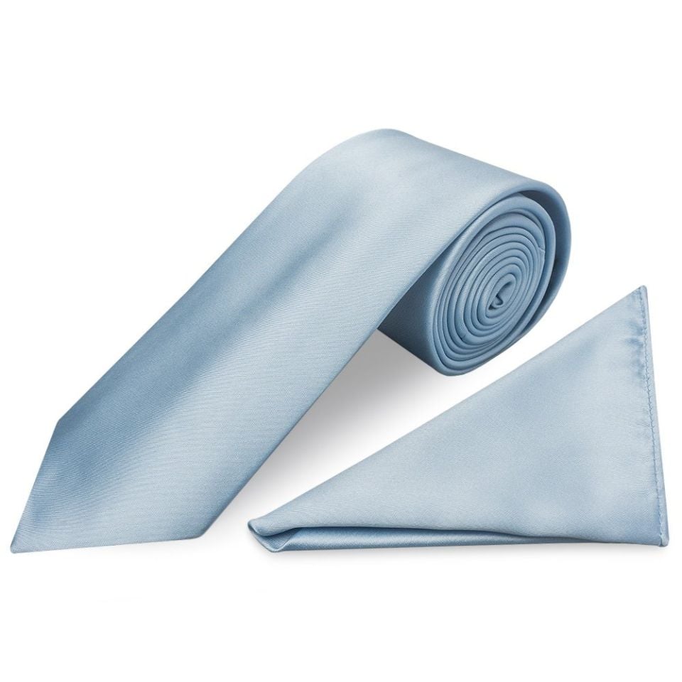 Plain Light Blue Satin Classic Men's Tie Pocket Square Set
