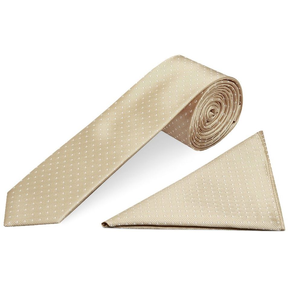 Champagne and White Polka Dot Skinny Men's Tie Pocket Square Set