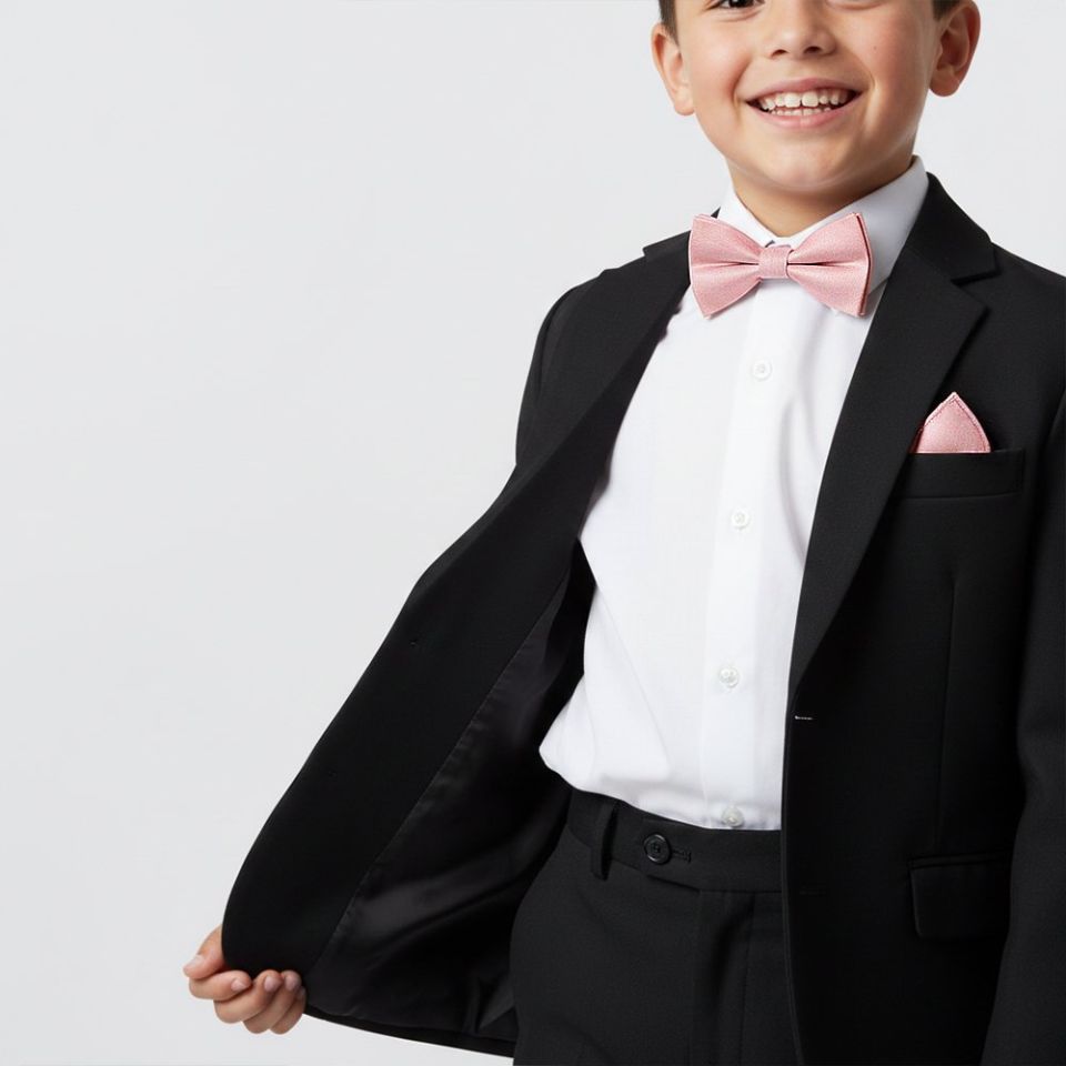 Boys Pre Tied Dusty Rose Silk Bow Tie and Pocket Square Set Age 8-11
