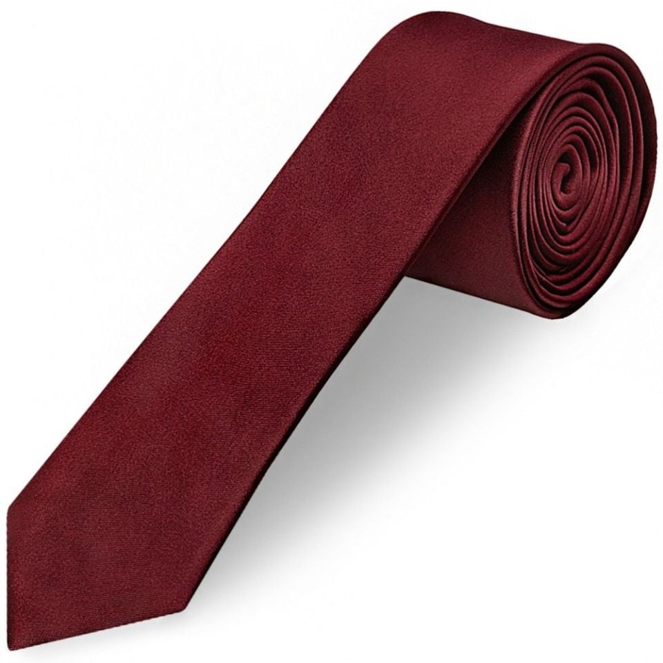 Plain Burgundy Satin Skinny Men's Tie and Pocket Square Set