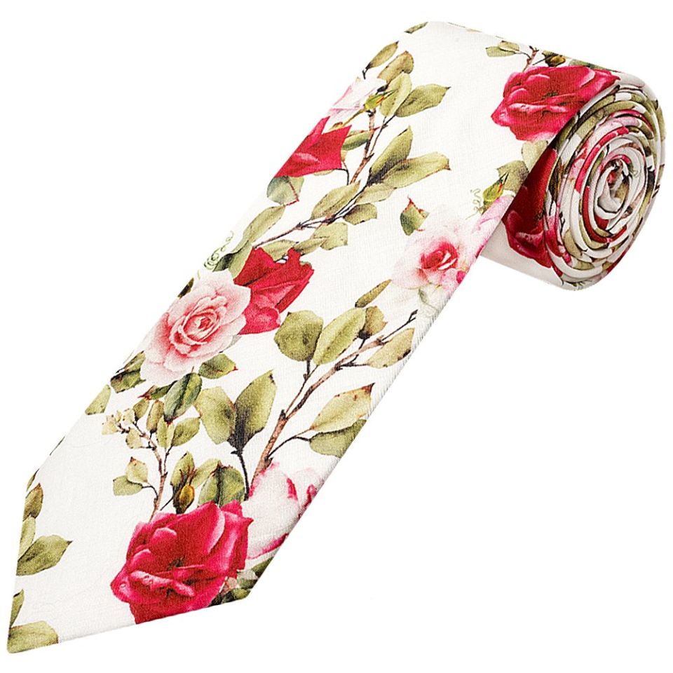 White Cotton with Green Leaves and Rose Pattern Classic Tie and Pocket Square Set