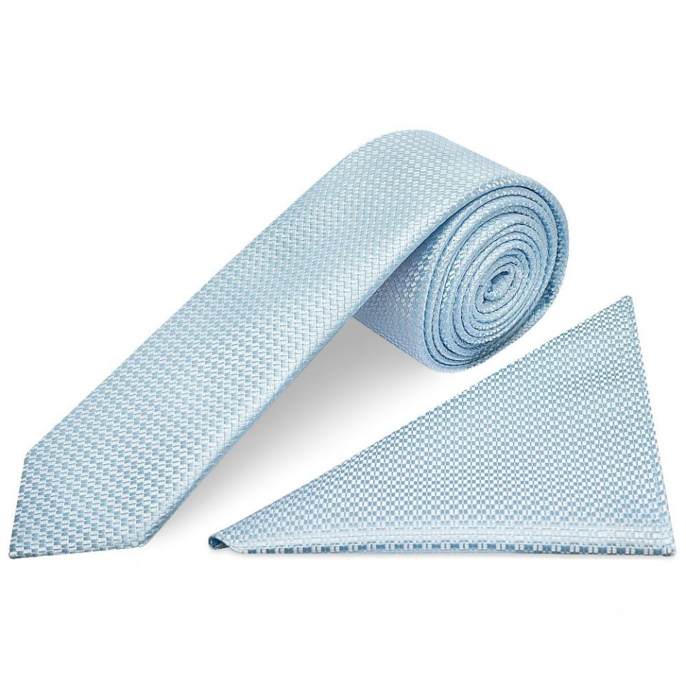 Sky Blue Textured Skinny Tie and Pocket Square Set