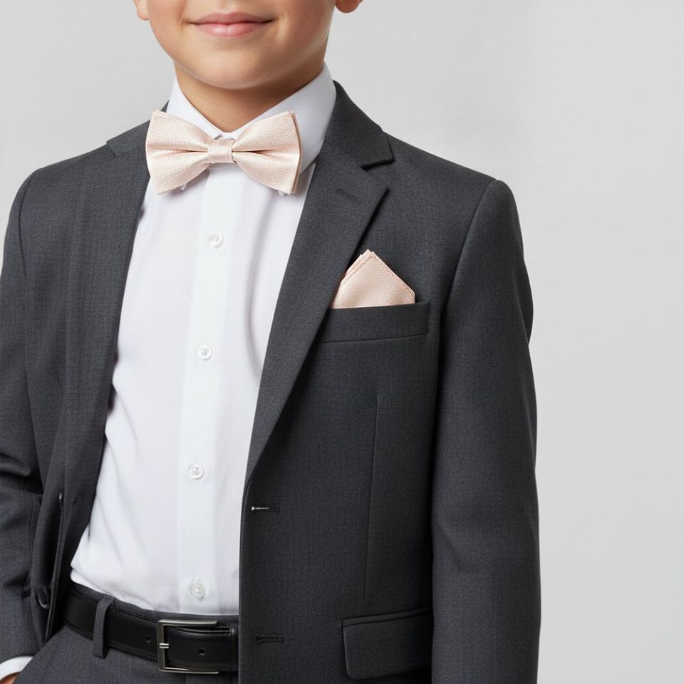 Pre Tied Blush Self Floral Textured Silk Boys Bow Tie and Pocket Square Set