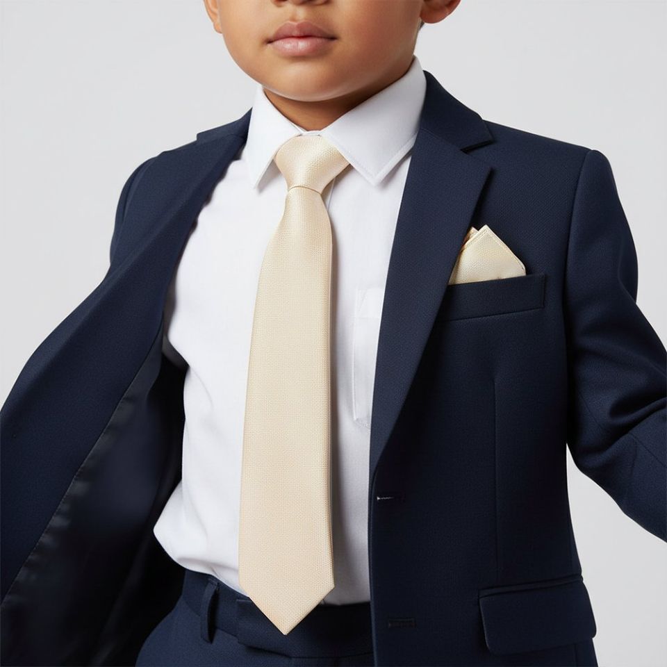 Pre Tied Champagne Silk Boys Tie and Pocket Square Set Age 4-7