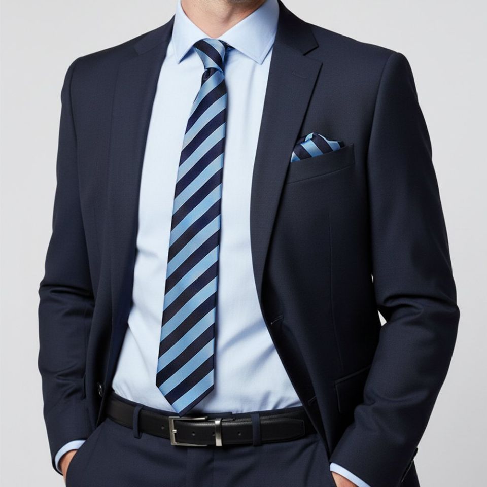 Navy and Light Blue Striped Classic Men's Tie and Pocket Square Set