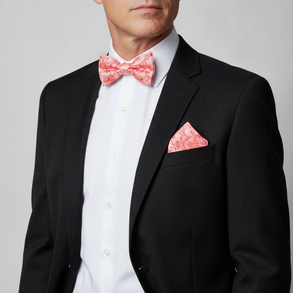 Coral Floral Handmade Men's Bow Tie and Pocket Square Set