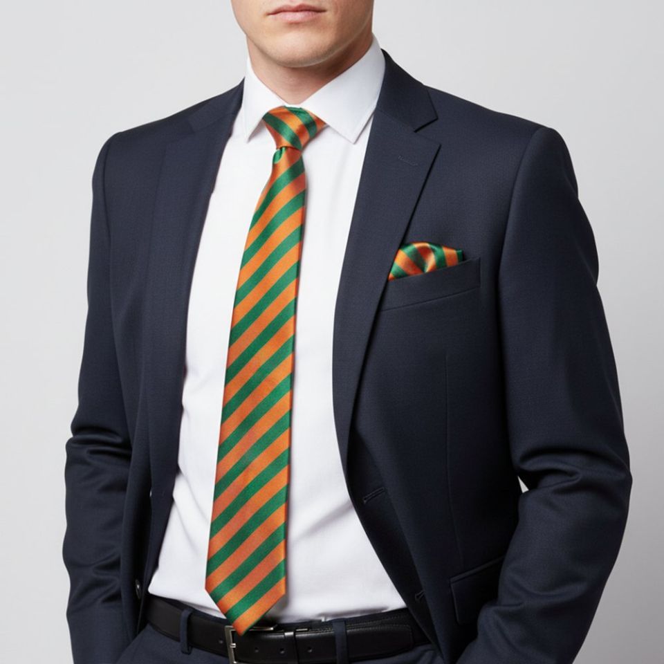 Orange and Green Striped Classic Men's Tie and Pocket Square Set