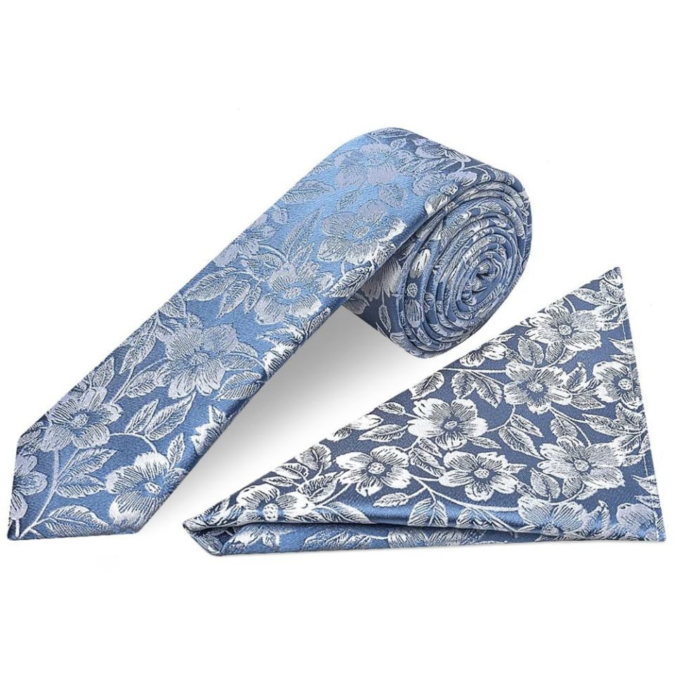 Mens Dusty Blue Floral Silk Skinny Tie and Pocket Square