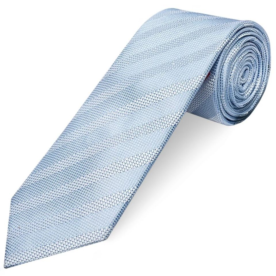 Light Blue Textured Stripe Mens Silk Classic Tie Pocket Square and Cufflinks Box Set