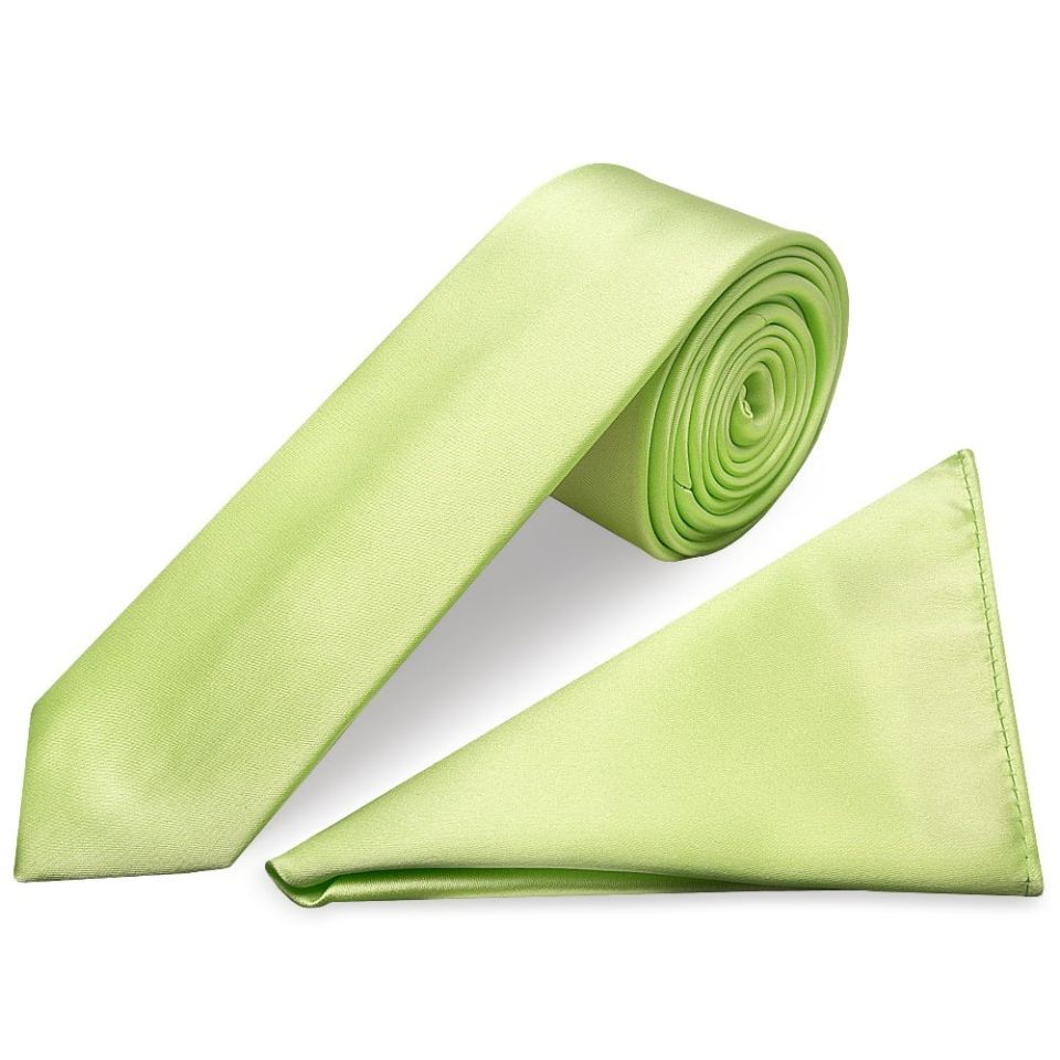 Plain Avocado Green Satin Skinny Men's Tie and Pocket Square Set