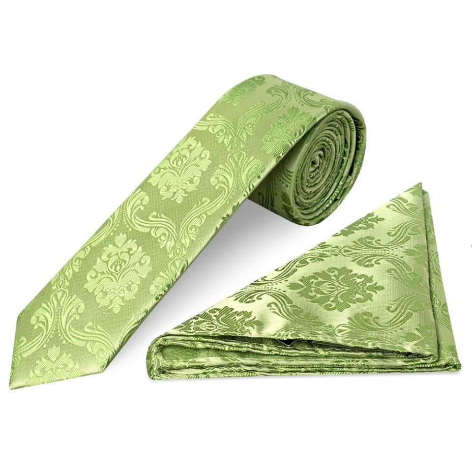 Light Green Paisley Skinny Men's Tie and Pocket Square Set