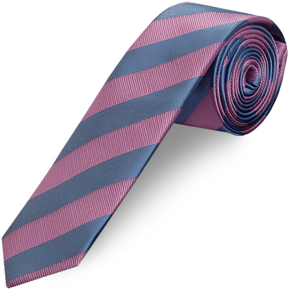 Pink and Light Blue Striped Skinny Men's Tie and Pocket Square Set