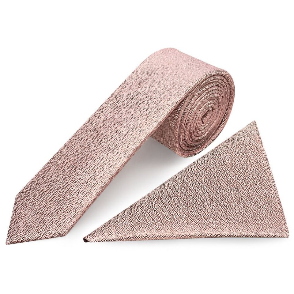 Plain Rose Gold Textured Silk Skinny Men's Tie and Pocket Square Set