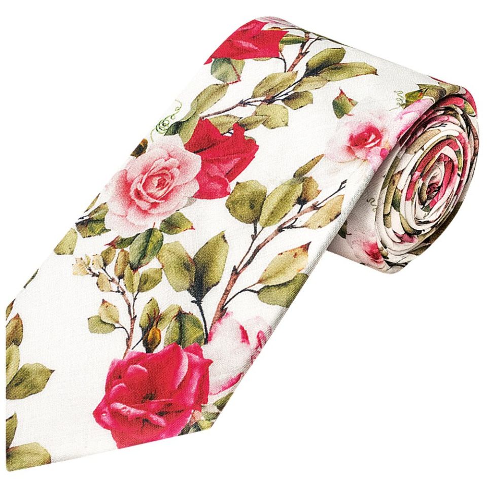 White Cotton with Green Leaves and Rose Pattern Classic Tie and Pocket Square Set