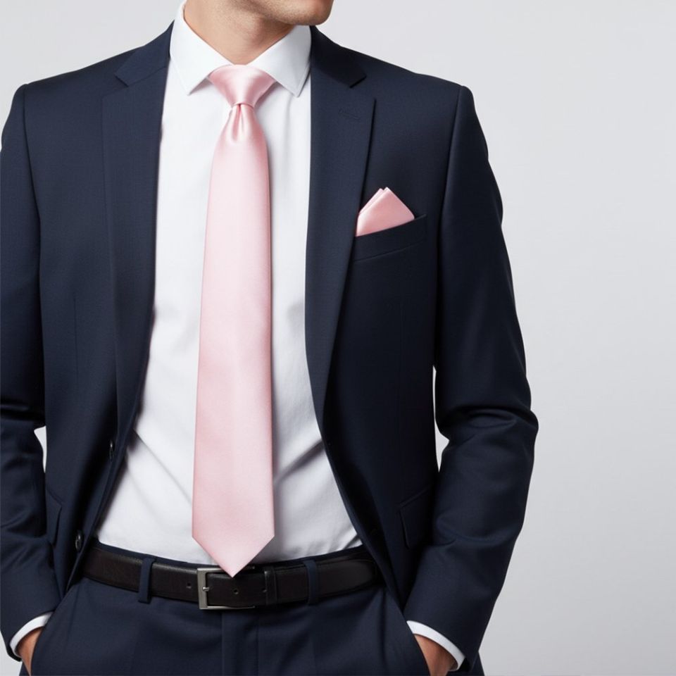 Plain Blush Pink Satin Classic Men's Tie and Pocket Square Set