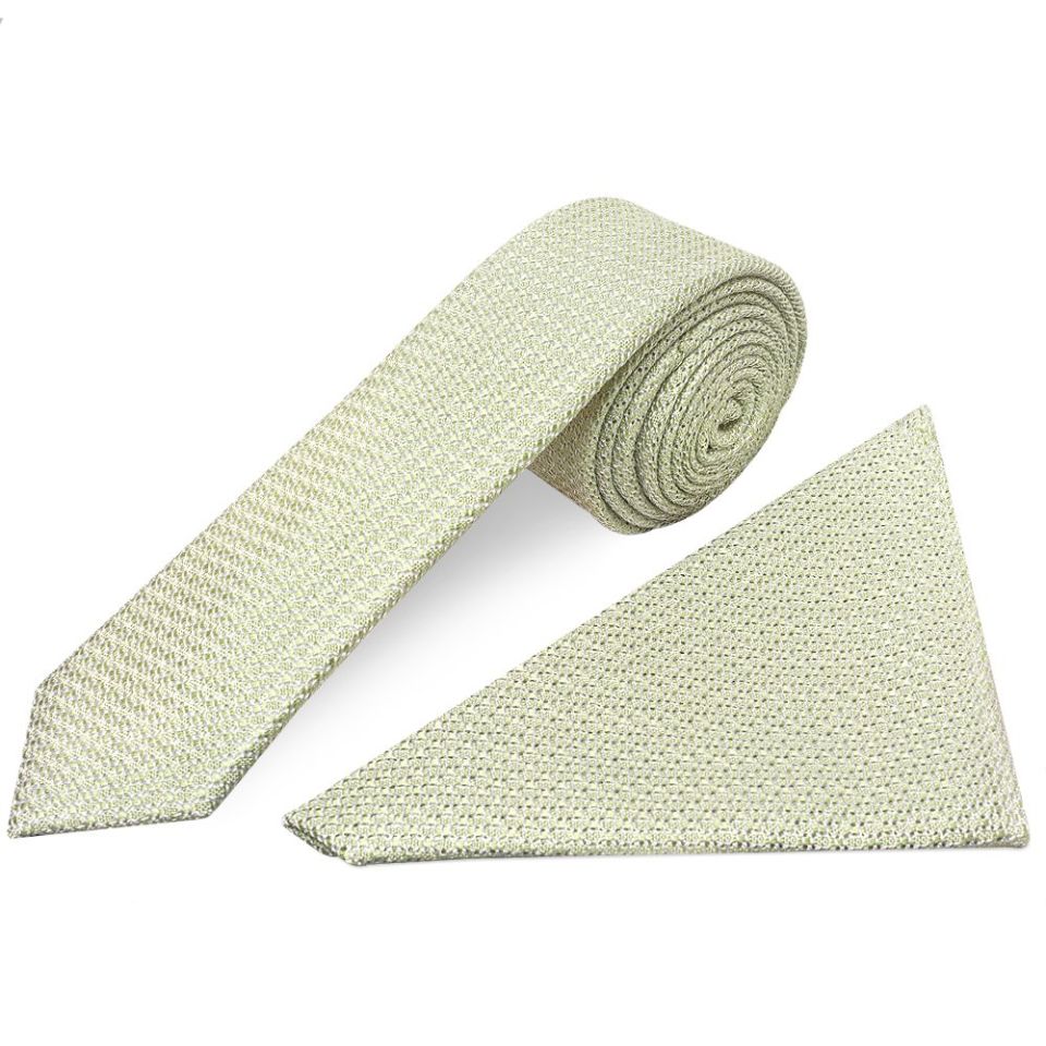 Plain Green Grenadine Silk Skinny Men's Tie and Pocket Square Set