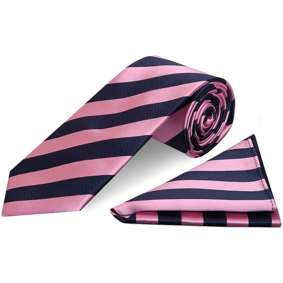 Navy and Pink Striped Classic Men's Tie and Pocket Square Set