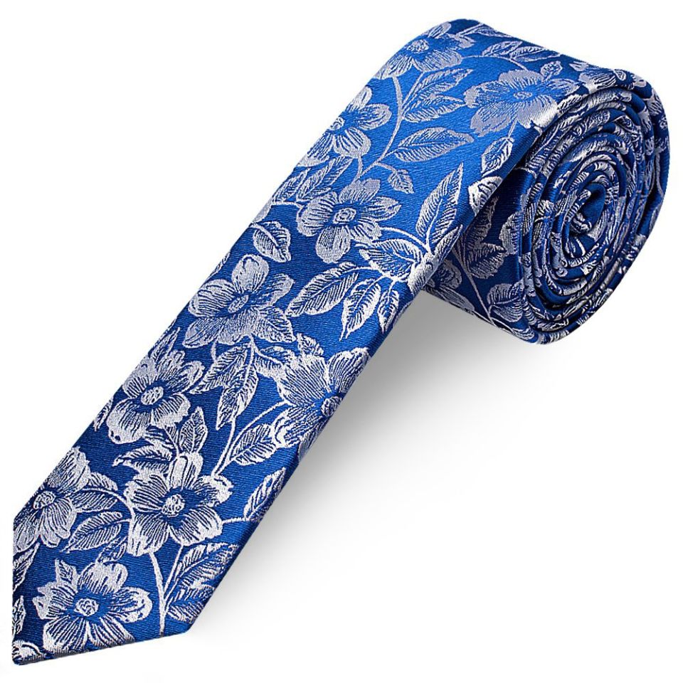 Mens Royal Blue Floral Silk Skinny Tie and Pocket Square