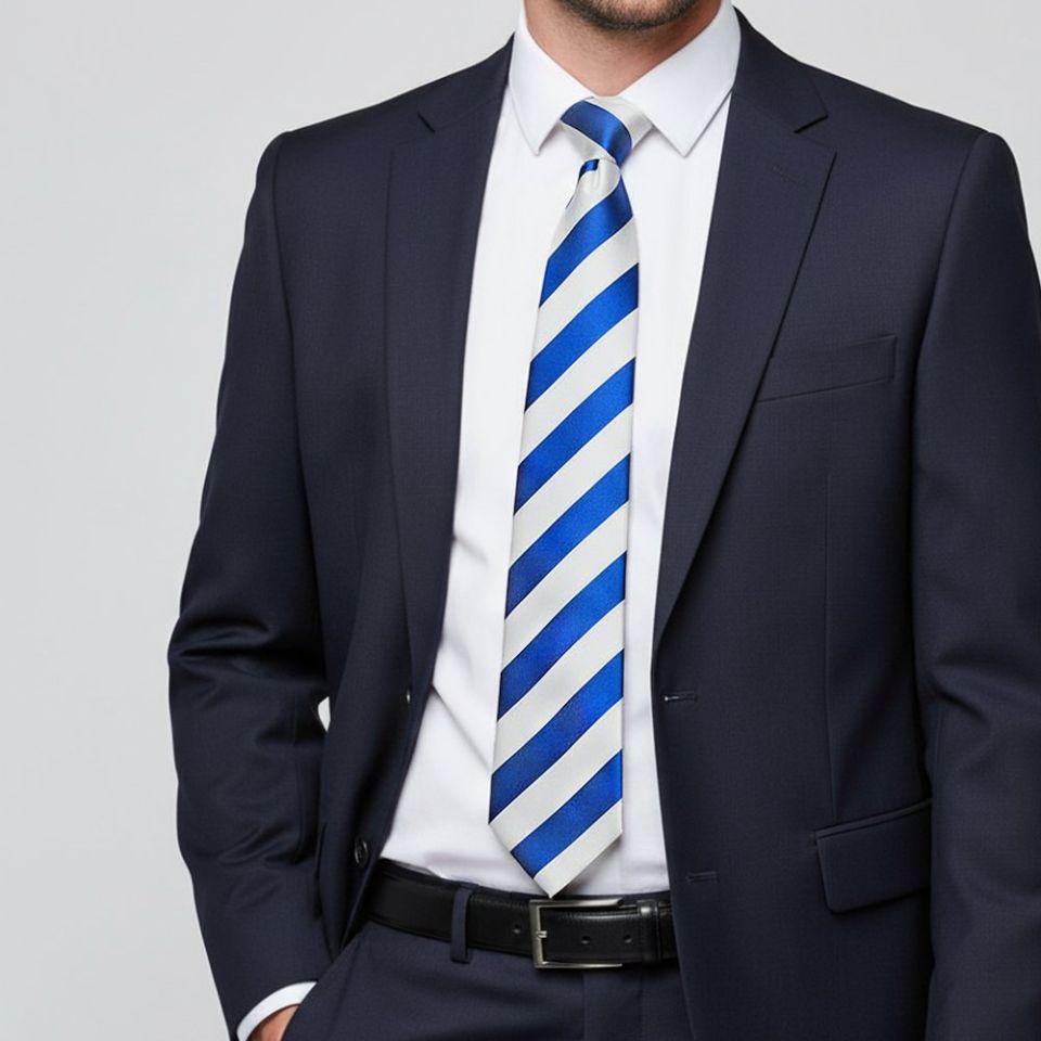 Blue and White Striped Hand Made Classic Men's Football Tie