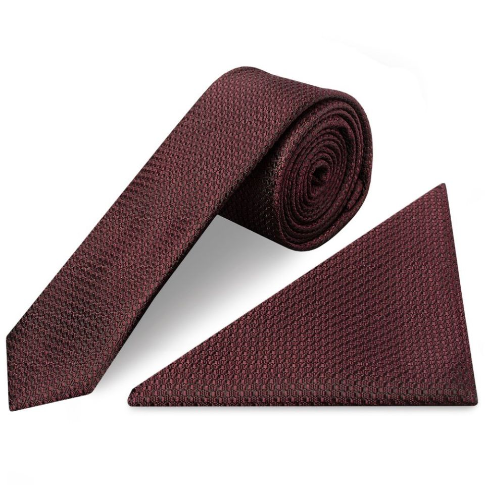 Burgundy Textured Skinny Tie and Pocket Square Set