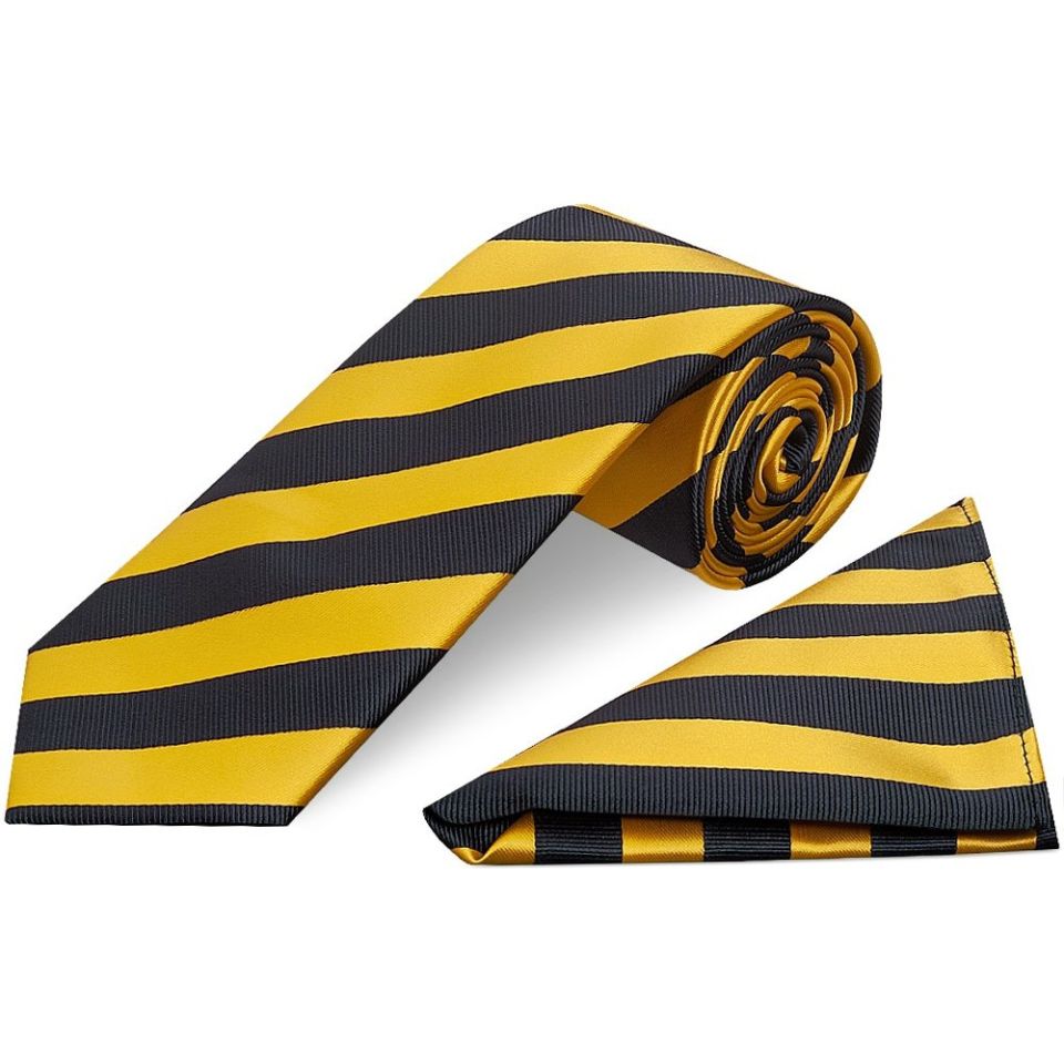 Navy and Yellow Striped Classic Men's Tie and Pocket Square Set