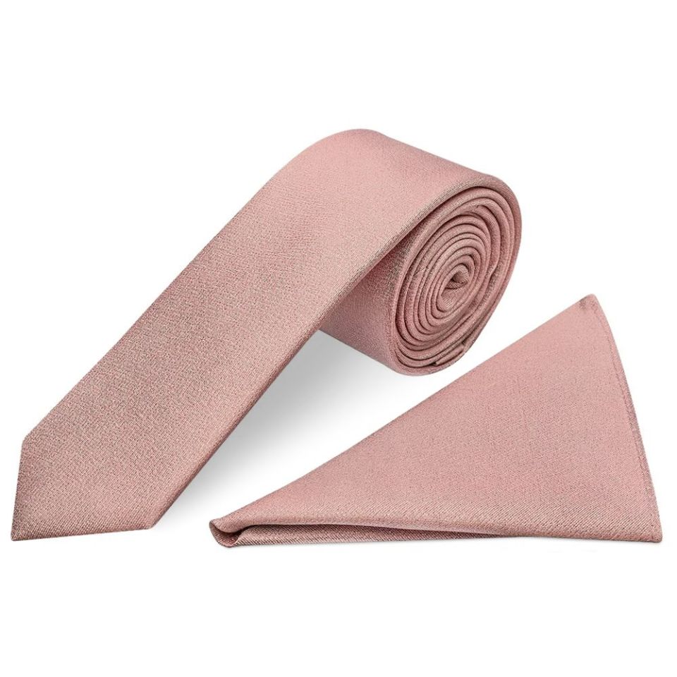 Plain Rose Gold Silk Skinny Boys Tie and Pocket Square Set
