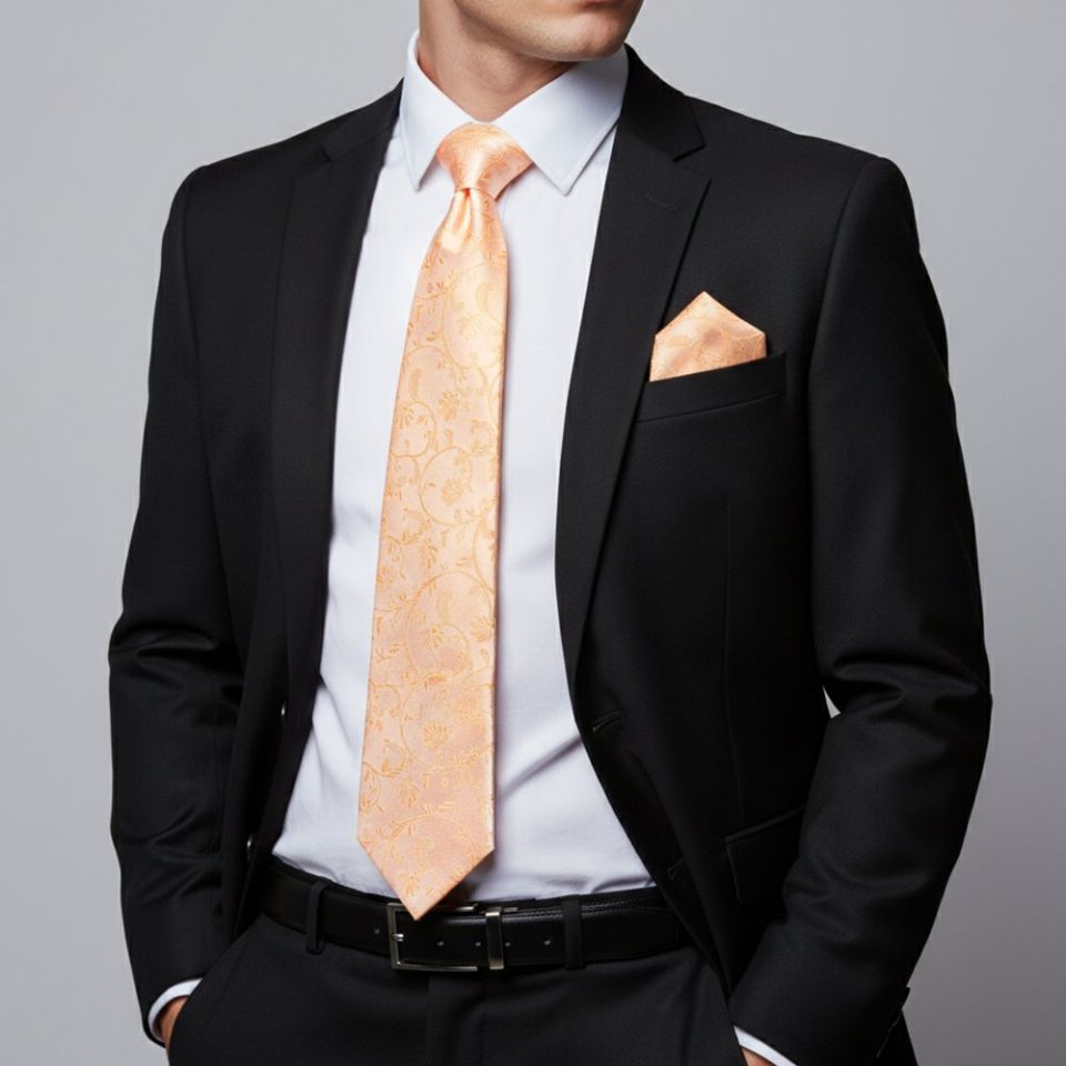 Peach Floral Classic Men's Tie and Pocket Square Set