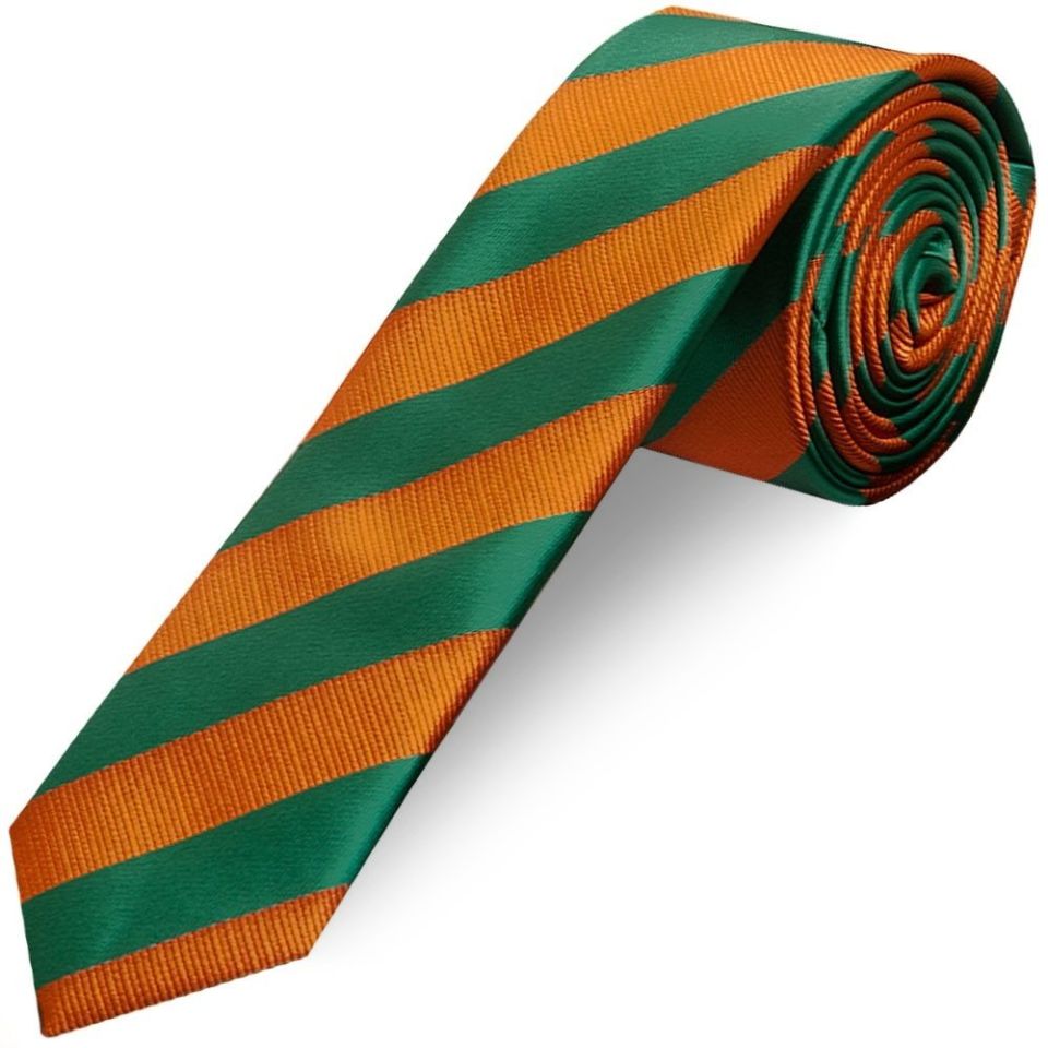 Orange and Green Striped Skinny Men's Tie and Pocket Square Set