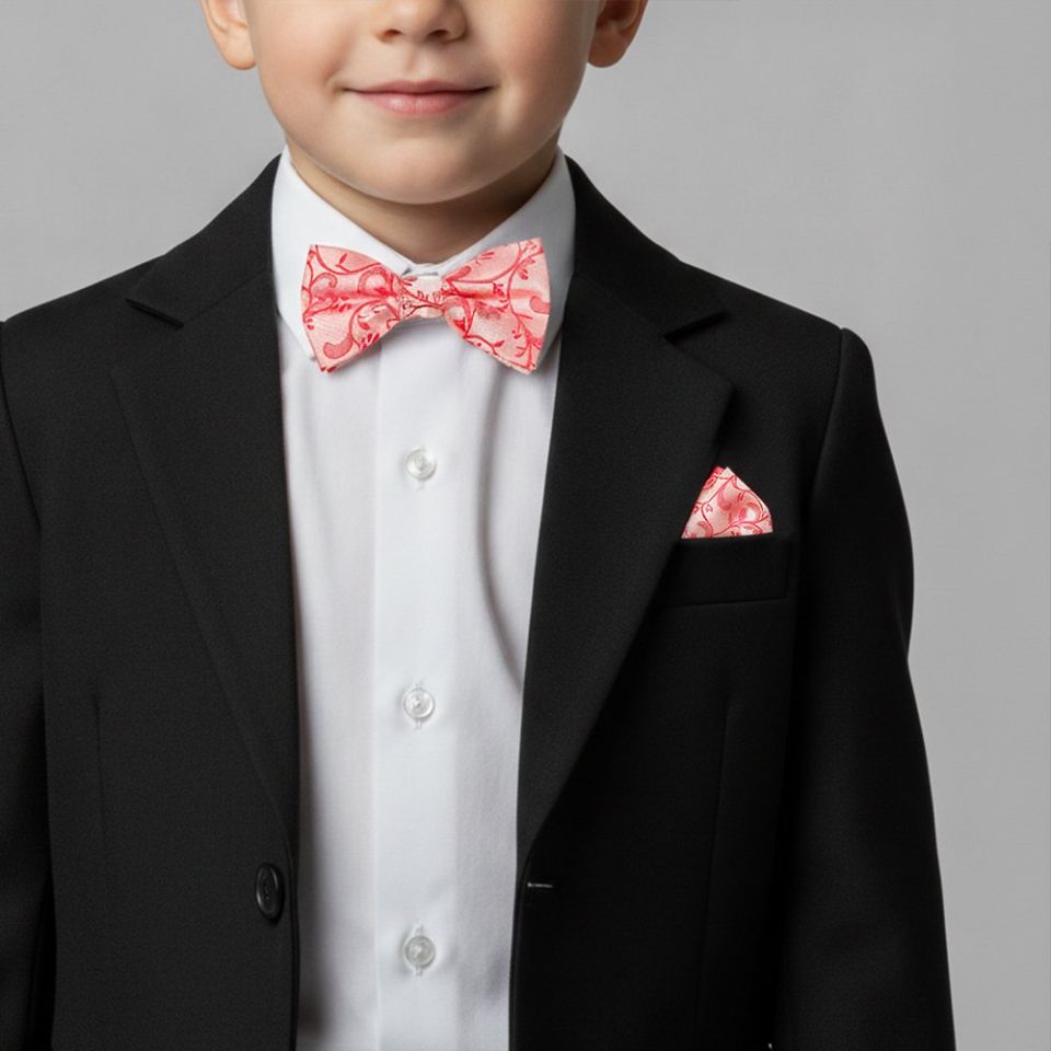 Pre Tied Coral Pink Floral Boys Bow Tie and Pocket Square Set Age 4-7