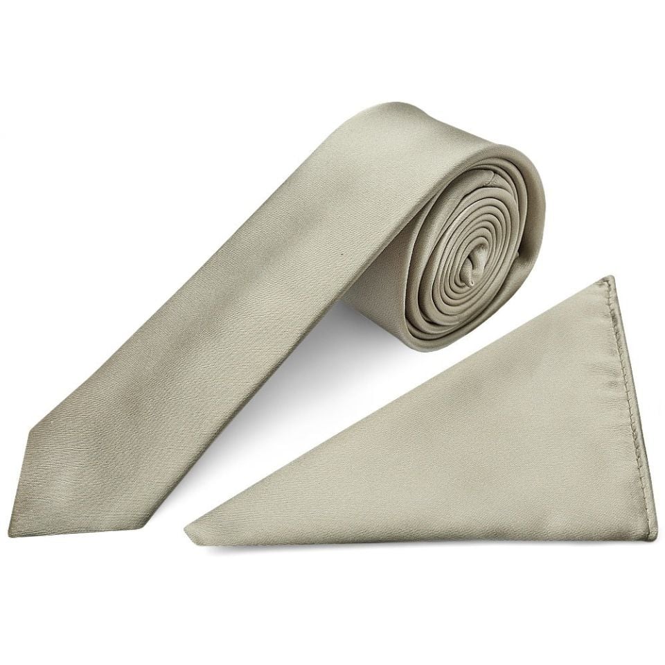 Plain Dusty Sage Satin Skinny Mens Tie and Pocket Square Set