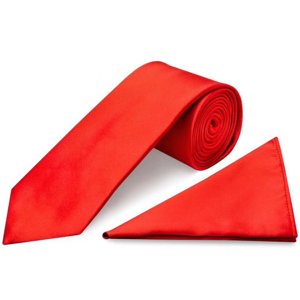 Plain Bright Red Satin Classic Men's Tie and Pocket Square Set