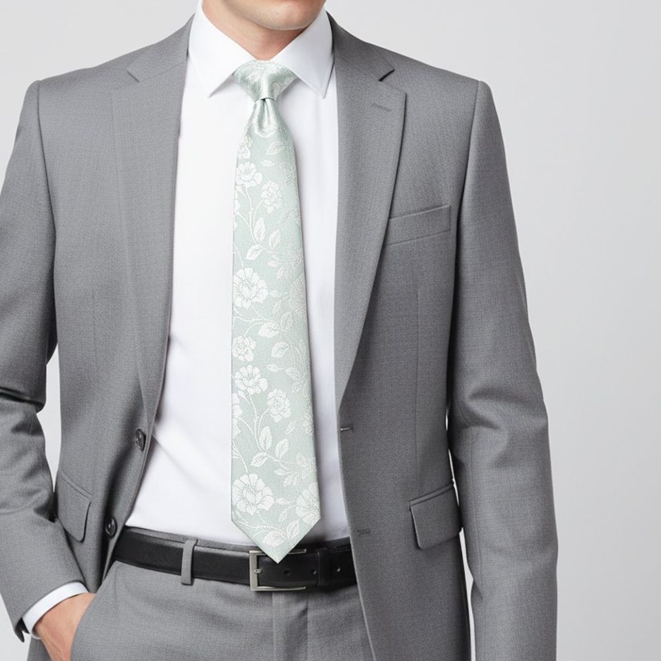 Duck Egg with White Floral Silk Classic Tie