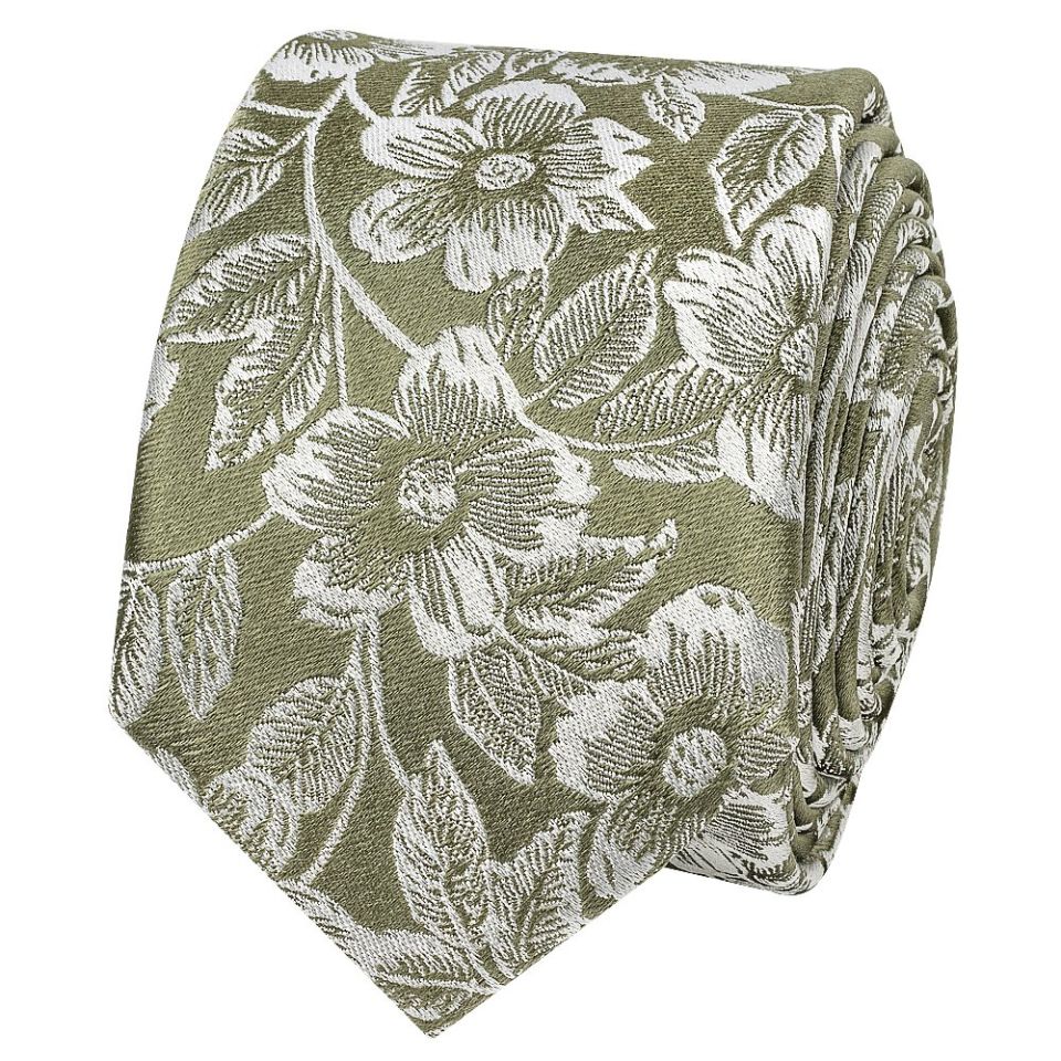 Mens Olive Floral Silk Skinny Tie